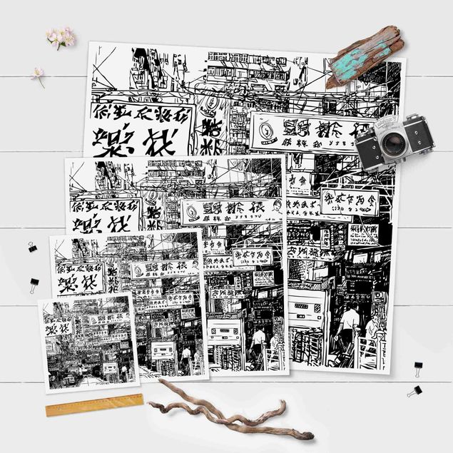 Poster - Schwarzweiße Zeichnung Asiatische Straße - Quadrat 1:1