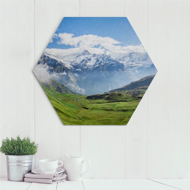 Hexagon Bild Alu-Dibond - Schweizer Alpenpanorama