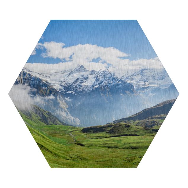 Hexagon Bild Alu-Dibond - Schweizer Alpenpanorama
