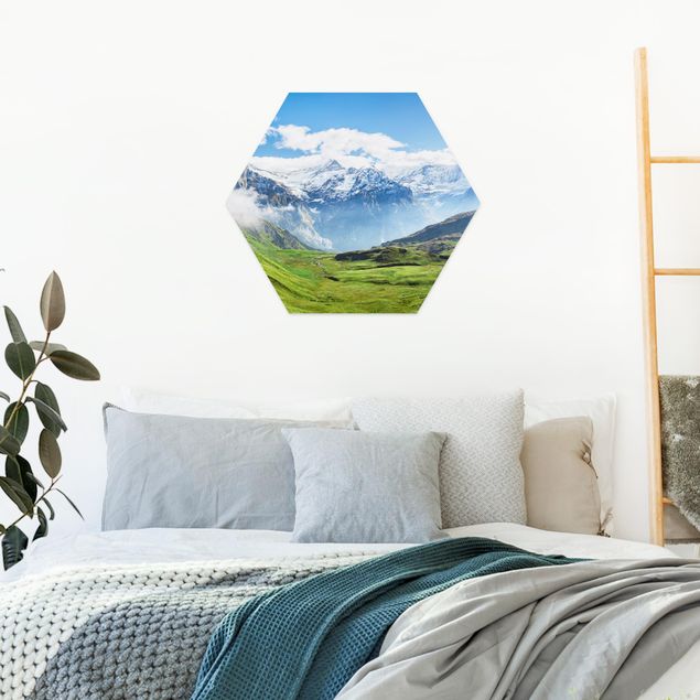 Hexagon Wandbild Schweizer Alpenpanorama
