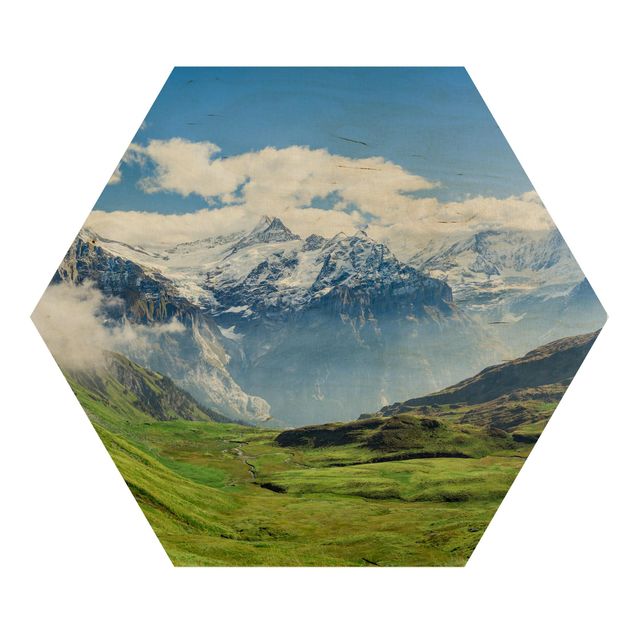 Hexagon Bild Holz - Schweizer Alpenpanorama