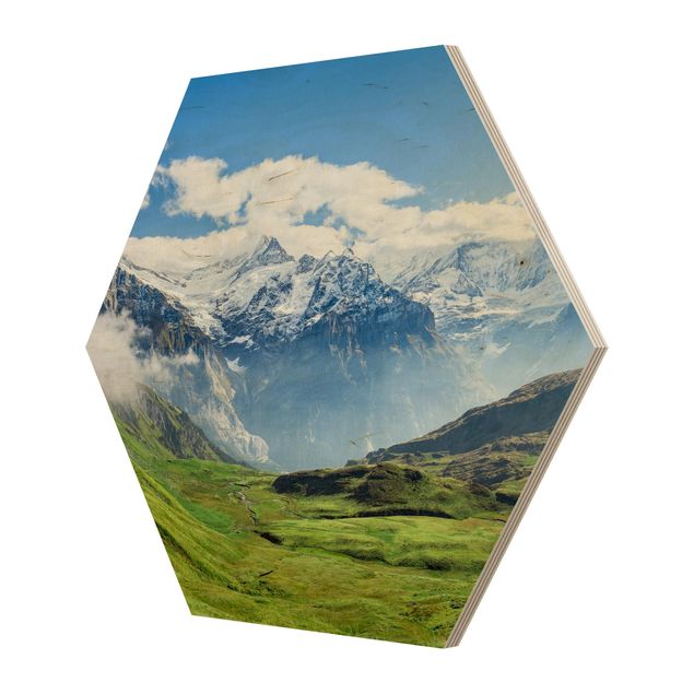 Hexagon Bild Holz - Schweizer Alpenpanorama