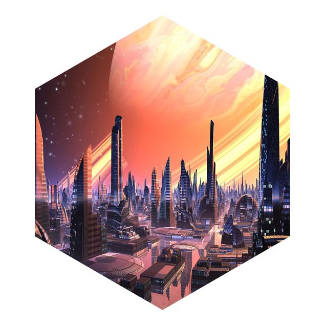 Hexagon Mustertapete selbstklebend - Sci-Fi Großstadt mit Planet
