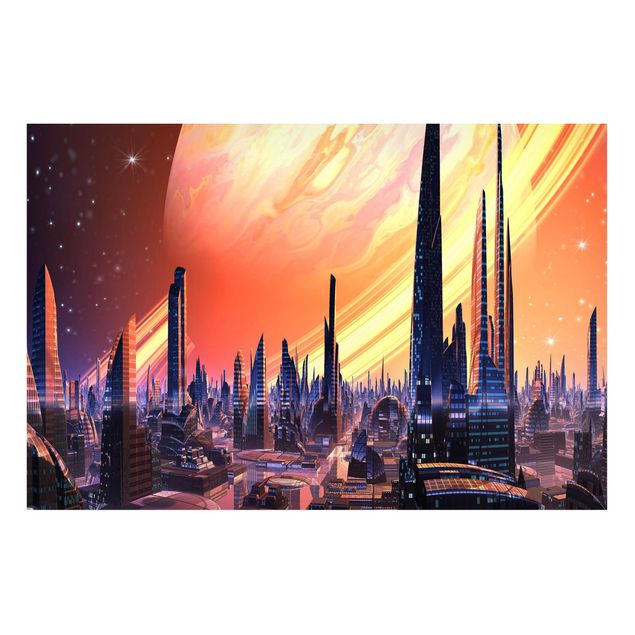 Magnettafel mit Motiv Sci-Fi Großstadt mit Planet