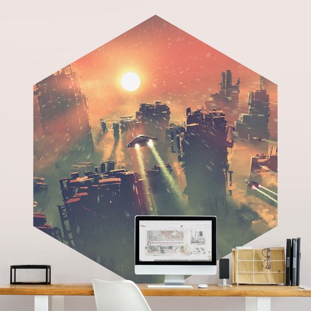 Hexagon Tapete Sci-Fi Raumschiffe im Sonnenaufgang