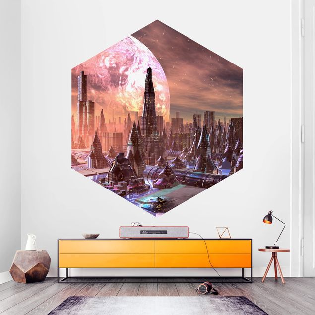 Hexagon Tapete Sci-Fi Stadt mit Planeten