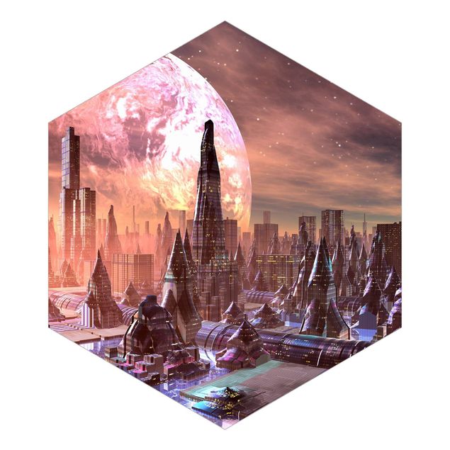 Hexagon Mustertapete selbstklebend - Sci-Fi Stadt mit Planeten