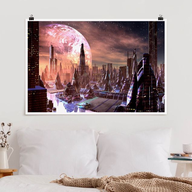 Wand Poster XXL Sci-Fi Stadt mit Planeten