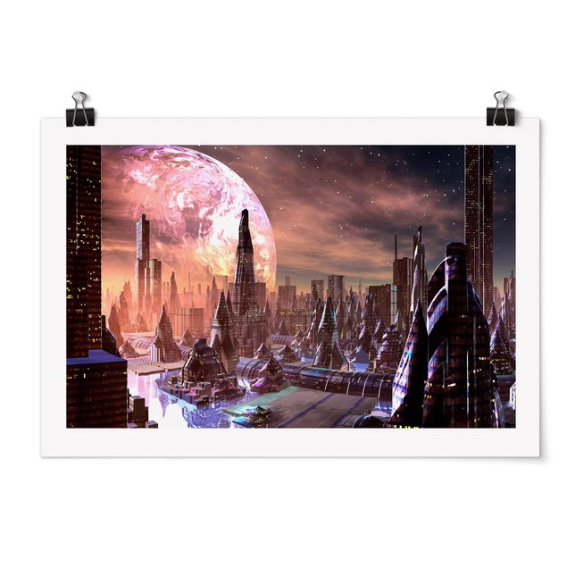 Poster bestellen Sci-Fi Stadt mit Planeten