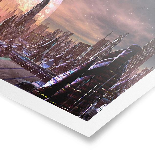 Poster - Sci-Fi Stadt mit Planeten - Querformat 3:2