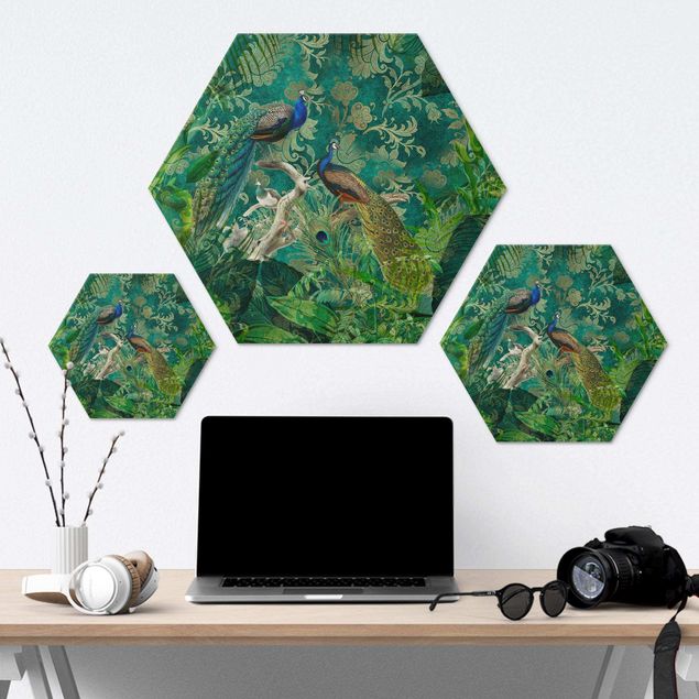 Hexagon-Alu-Dibond Bild - Shabby Chic Collage - Edler Pfau II