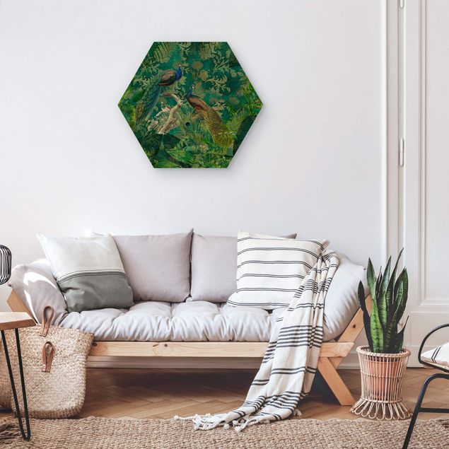 Hexagon-Holzbild - Shabby Chic Collage - Edler Pfau II