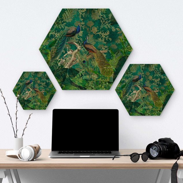 Hexagon-Holzbild - Shabby Chic Collage - Edler Pfau II