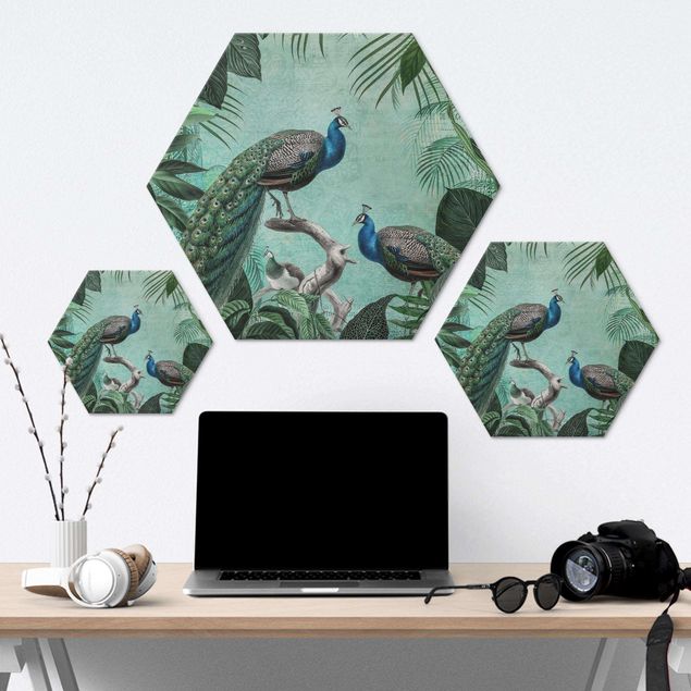 Hexagon-Alu-Dibond Bild - Shabby Chic Collage - Edler Pfau