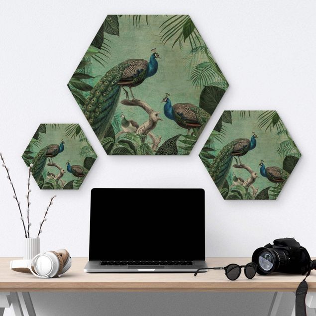 Hexagon-Holzbild - Shabby Chic Collage - Edler Pfau