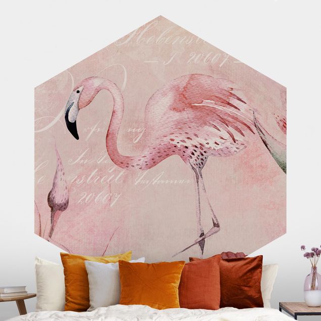 Vogel Tapete Shabby Chic Collage - Flamingo