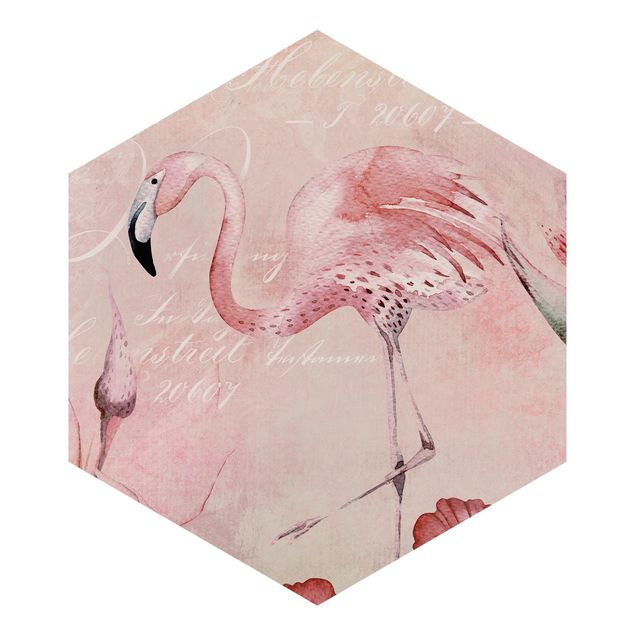Fototapete Blumen Shabby Chic Collage - Flamingo