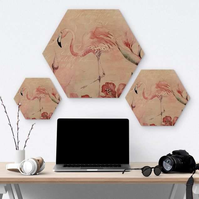 Hexagon-Holzbild - Shabby Chic Collage - Flamingo