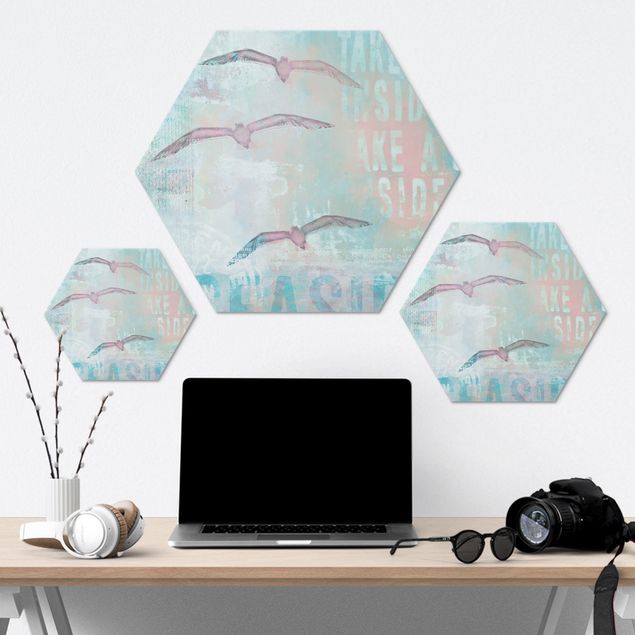 Hexagon-Alu-Dibond Bild - Shabby Chic Collage - Möwen