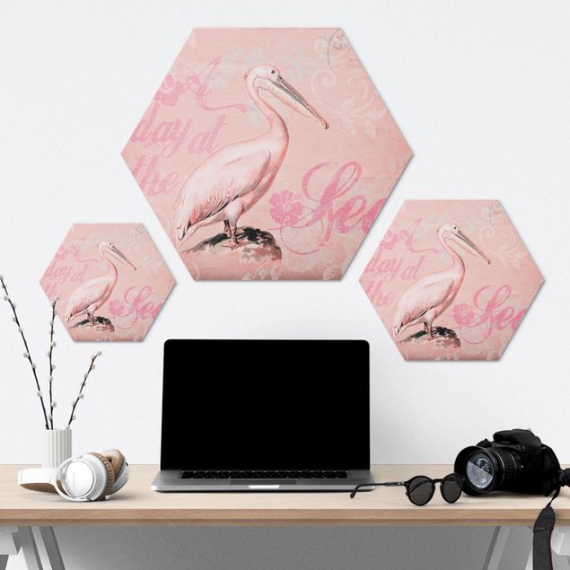 Hexagon-Alu-Dibond Bild - Shabby Chic Collage - Pelikan