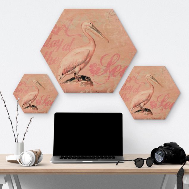 Hexagon-Holzbild - Shabby Chic Collage - Pelikan