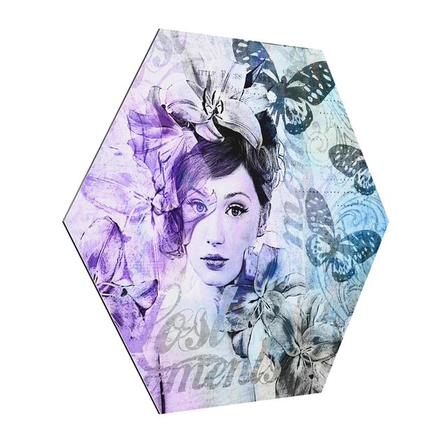Hexagon-Alu-Dibond Bild - Shabby Chic Collage - Portrait mit Schmetterlingen