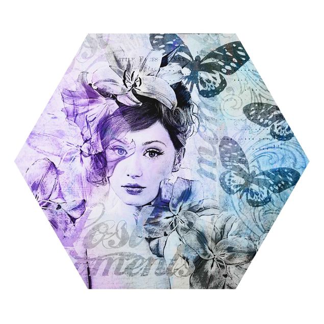 Hexagon-Alu-Dibond Bild - Shabby Chic Collage - Portrait mit Schmetterlingen