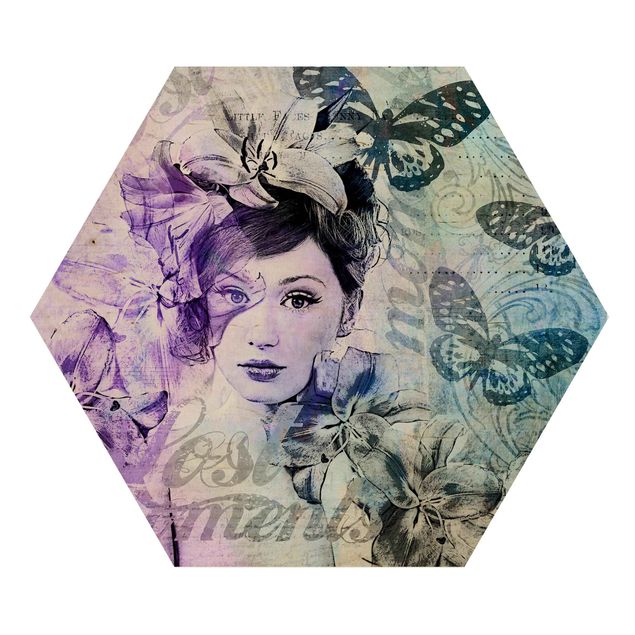 Hexagon-Holzbild - Shabby Chic Collage - Portrait mit Schmetterlingen