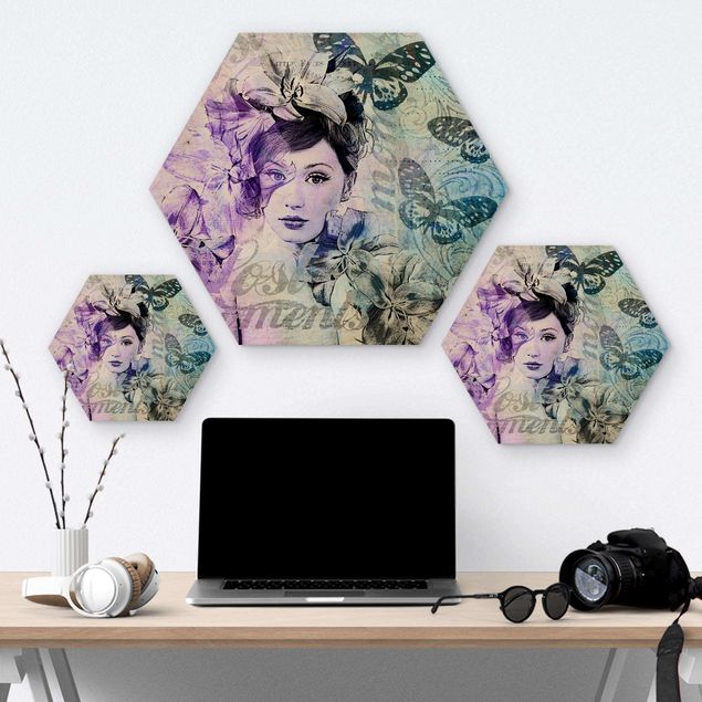 Hexagon-Holzbild - Shabby Chic Collage - Portrait mit Schmetterlingen