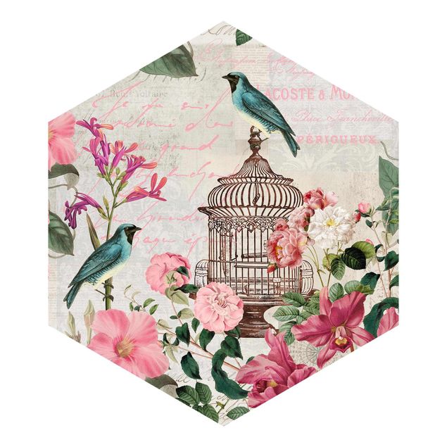 Design Tapeten Shabby Chic Collage - Rosa Blüten und blaue Vögel