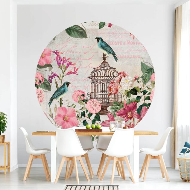Runde Tapete selbstklebend - Shabby Chic Collage - Rosa Blüten und blaue Vögel