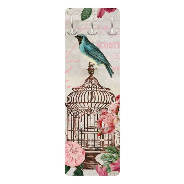 Wandgarderobe mit Motiv Shabby Chic Collage - Rosa Blüten und blaue Vögel