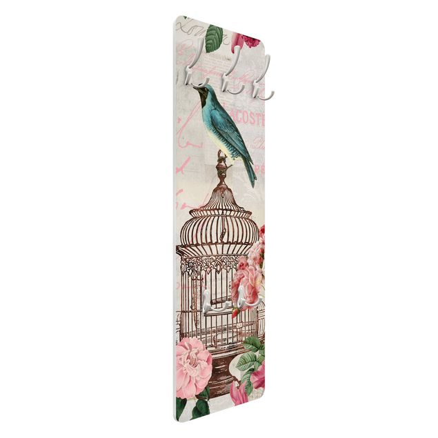 Garderobe - Shabby Chic Collage - Rosa Blüten und blaue Vögel