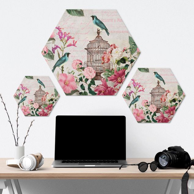 Hexagon-Alu-Dibond Bild - Shabby Chic Collage - Rosa Blüten und blaue Vögel