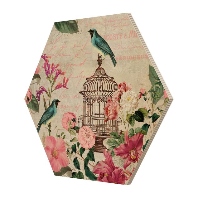 Hexagon-Holzbild - Shabby Chic Collage - Rosa Blüten und blaue Vögel