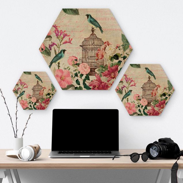 Hexagon-Holzbild - Shabby Chic Collage - Rosa Blüten und blaue Vögel