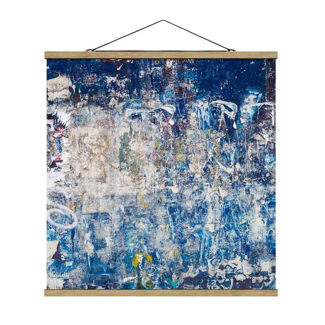 Stoffbild mit Posterleisten - Shabby Wand in Blau - Quadrat 1:1