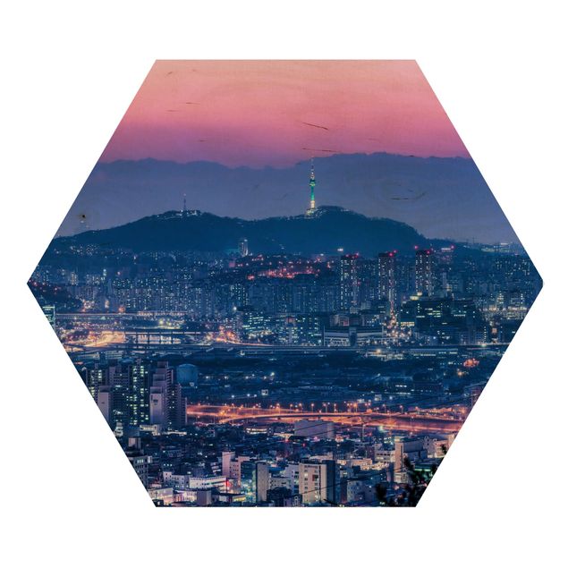 Hexagon Bild Holz - Skyline von Seoul