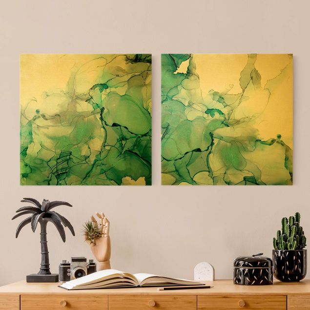 abstrakte Leinwandbilder Smaragdfarbener Sturm Set