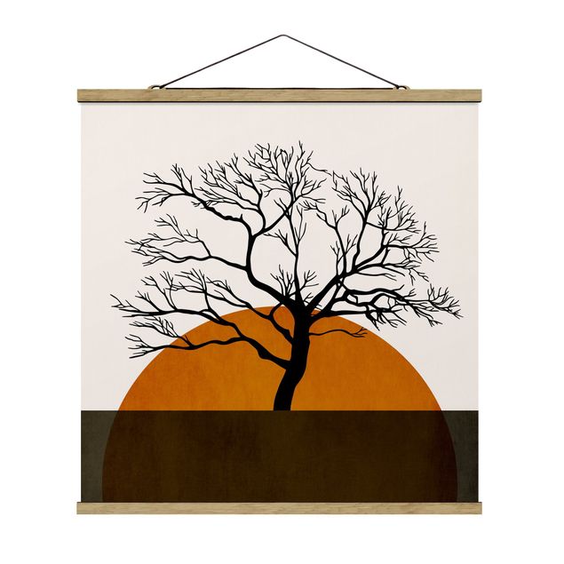 Stoffbild mit Posterleisten - Sonne mit Baum - Quadrat