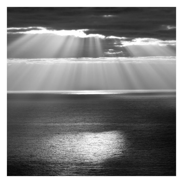 Fototapete - Sonnenstrahlen über dem Meer Schwarz-Weiß