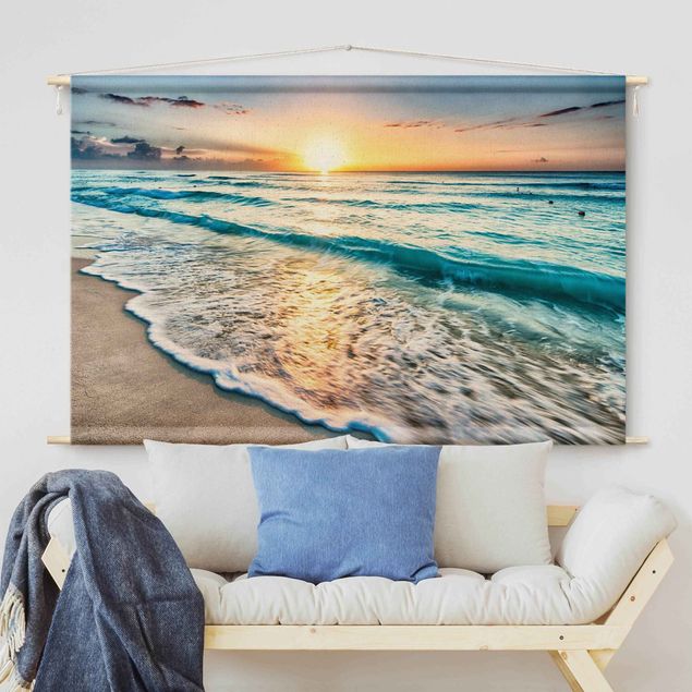 Wandbehang Stoff Sonnenuntergang am Strand