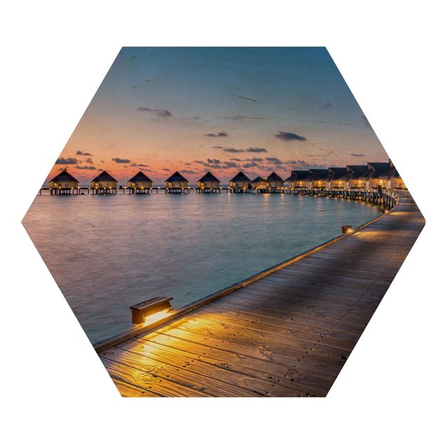 Hexagon Bild Holz - Sonnenuntergang im Paradies