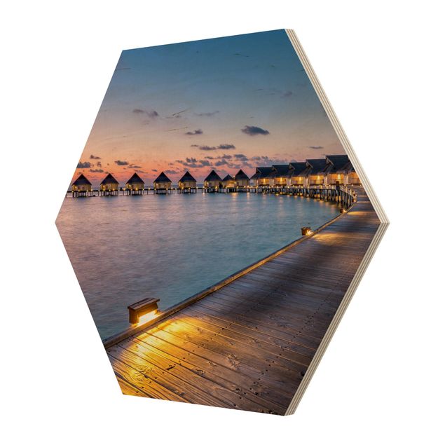 Hexagon Bild Holz - Sonnenuntergang im Paradies