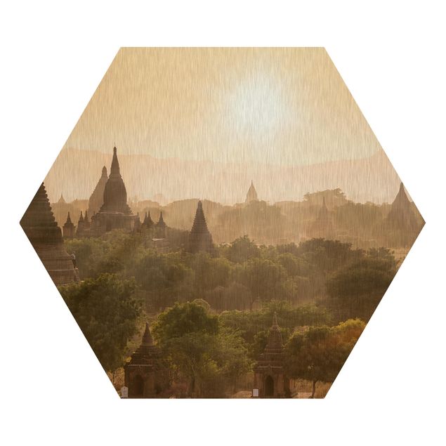 Hexagon Bild Alu-Dibond - Sonnenuntergang über Bagan