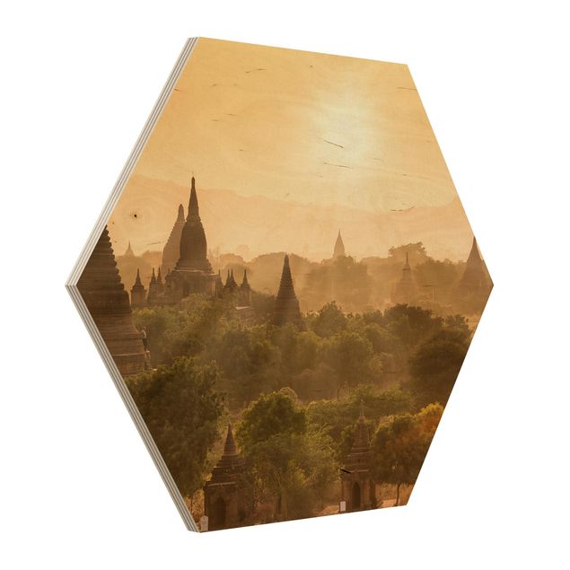Hexagon Bild Holz - Sonnenuntergang über Bagan