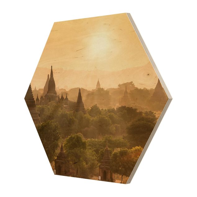 Hexagon Bild Holz - Sonnenuntergang über Bagan