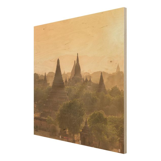 Wandbild Holz Sonnenuntergang über Bagan