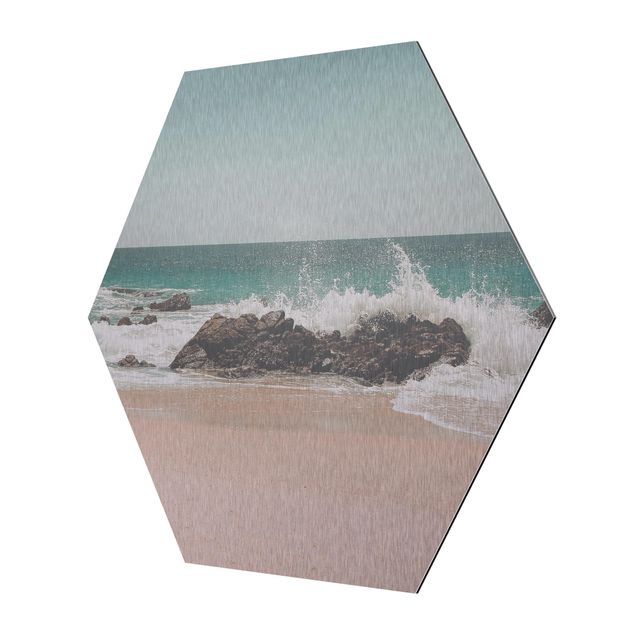 Hexagon Bild Alu-Dibond - Sonniger Strand Mexico