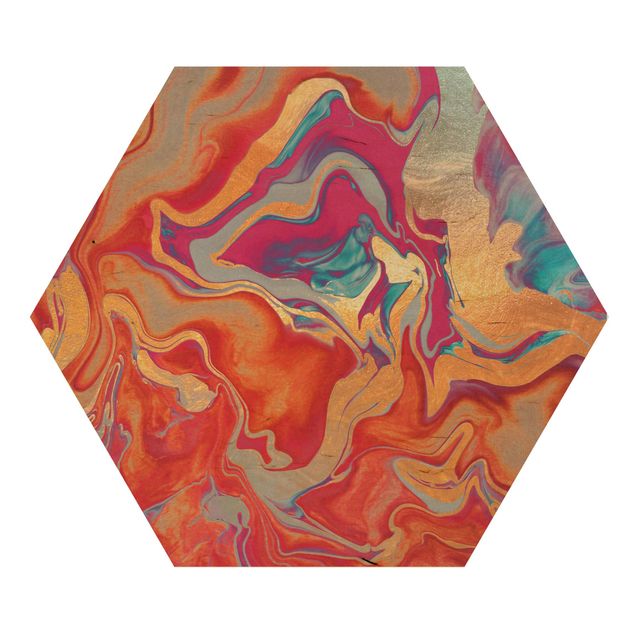 Hexagon Bild Holz - Spiel der Farben Goldenes Feuer